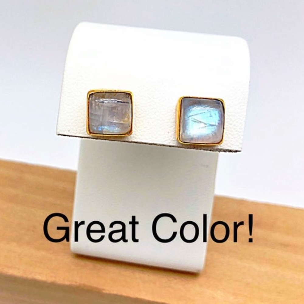 Rainbow Moonstone Faceted Square Studs, NWT, Gold